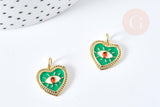 Pendentif médaille coeur oeil émail vert laiton doré 18K et cristal zircon 15mm,pendentif laiton amour , x1 G3355