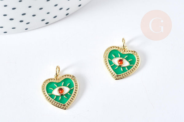 Pendentif médaille coeur oeil émail vert laiton doré 18K et cristal zircon 15mm,pendentif laiton amour , x1 G3355