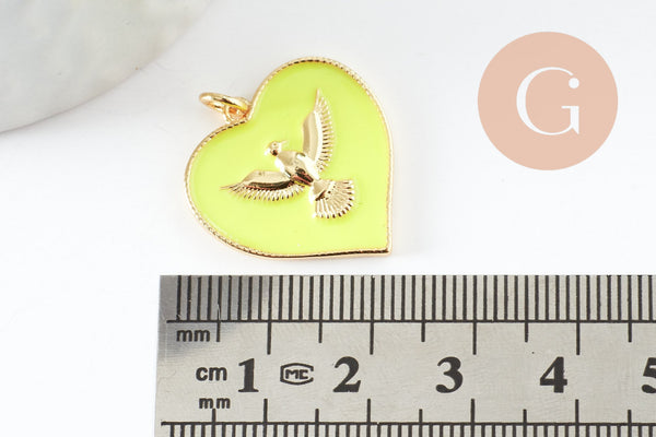 Pendentif médaille coeur oiseau émail laiton doré 18K pendentif laiton coeur,sans nickel,22.5mm, x1 (G4273)