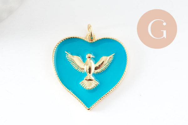 Pendentif médaille coeur oiseau émail laiton doré 18K pendentif laiton coeur,sans nickel,22.5mm, x1 (G4273)