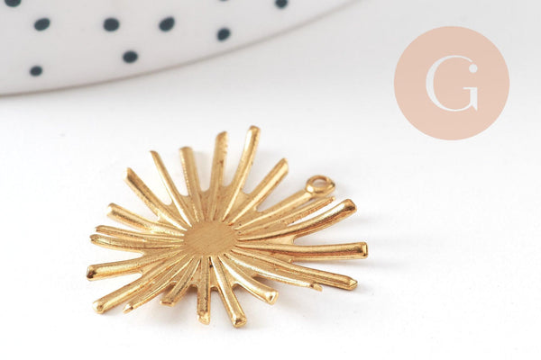 Pendentif médaille coeur soleil laiton brut, apprêt doré sans nickel, médaille dorée en laiton brut,26x24mm, X2 G3223