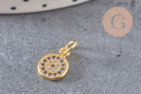Pendentif médaille doré cristal zircon, pendentif doré,porte-bonheur,laiton dore,bijou médaille,17mm, x1 (G0483)