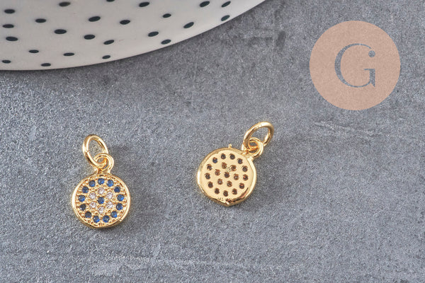 Pendentif médaille doré cristal zircon, pendentif doré,porte-bonheur,laiton dore,bijou médaille,17mm, x1 (G0483)