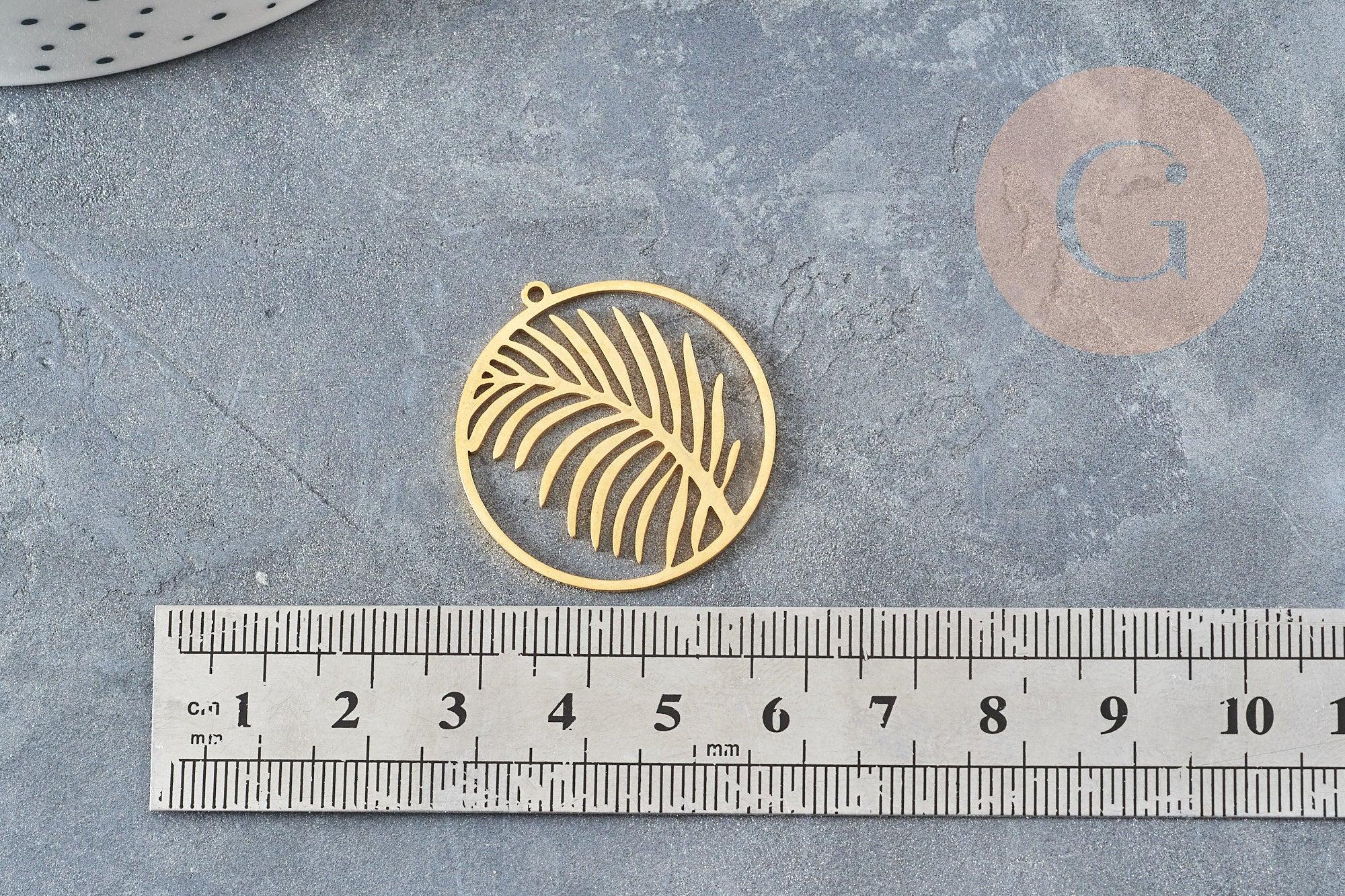 Pendentif médaille feuille palme acier inoxydable 201doré 32mm,breloque acier inoxydable doré sans nickel, x1 (G6189)
