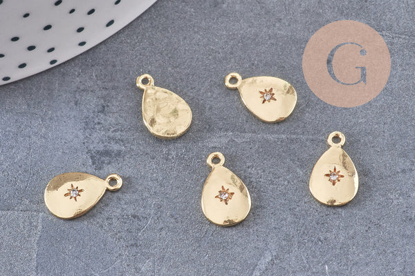 Pendentif médaille goutte zamac doré zircon blanc, pendentif doré sans nickel, création bijoux dorés,14mm, x1 (G5594)