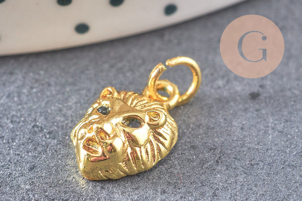 Pendentif médaille lion laiton doré 18K zircon, pendentif laiton, pendentif felin,sans nickel, 14mm, x1 (G3794)