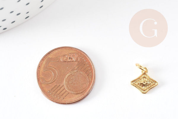 Pendentif médaille losange oeil laiton doré 18K texturé, un pendentif doré sans nickel pour la création,médaille or,10mm, x1 (G4672)