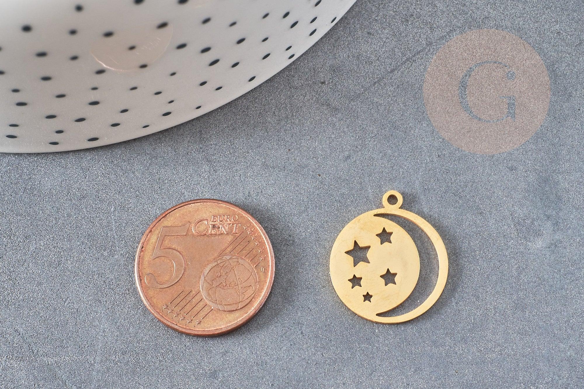 Pendentif médaille lune étoiles acier doré 20.5mm, breloque doré, acier inoxydable doré, pendentif sans nickel, x1 G6144