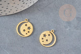 Pendentif médaille lune étoiles acier doré 20.5mm, breloque doré, acier inoxydable doré, pendentif sans nickel, x1 G6144
