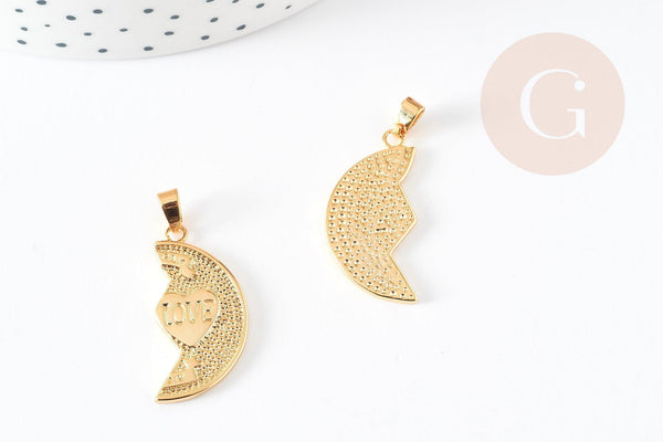 Pendentif médaille moitié coeur laiton doré, pendentif doré sans nickel pour création bijoux amour et BFF, 30mm, x1 G5339