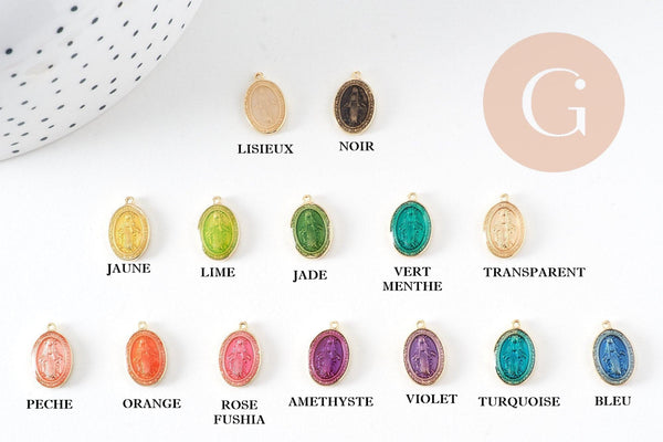 Pendentif médaille ovale Vierge Marie acier 304 inoxydable doré émaillée 13mm x1 ou x5 (10759)