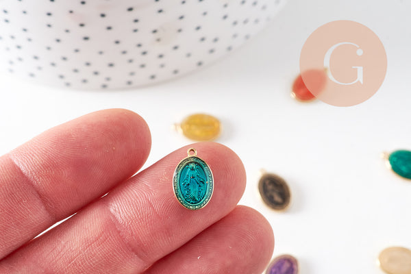 Pendentif médaille ovale Vierge Marie acier 304 inoxydable doré émaillée 13mm x1 ou x5 (10759)