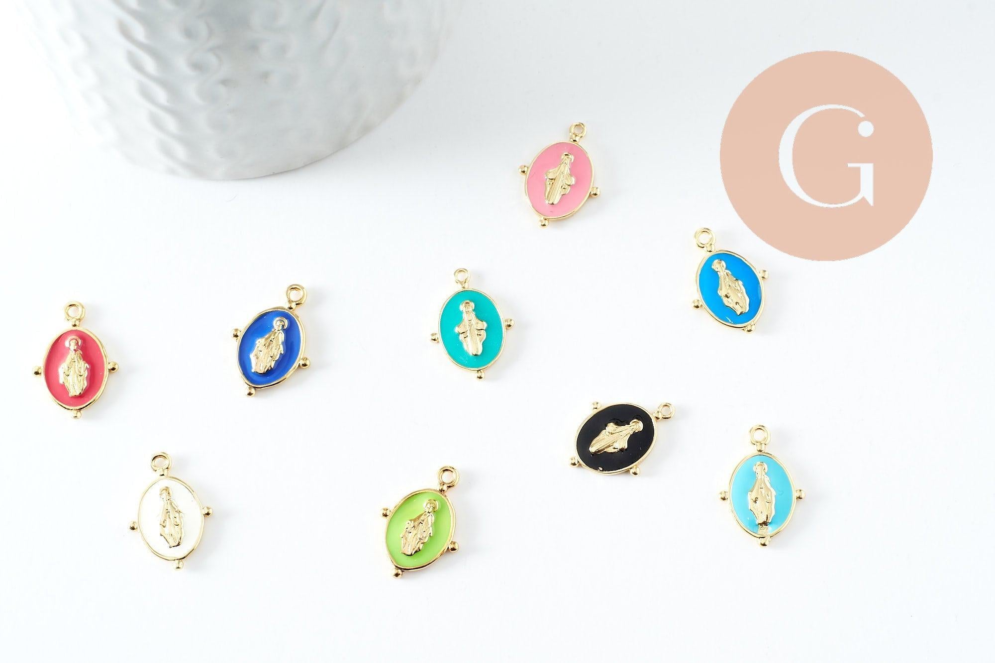 Pendentif médaille ovale Vierge Marie laiton doré émail pastel 18.5mm x1 (G2940)