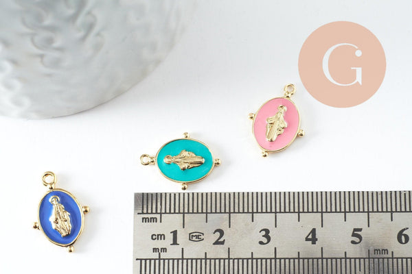 Pendentif médaille ovale Vierge Marie laiton doré émail pastel 18.5mm x1 (G2940)