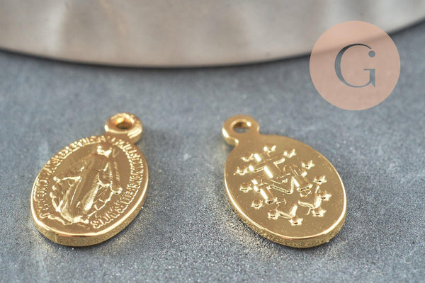 Pendentif médaille ovale Vierge Marie or 18K 14mm, pendentif laiton notre dame madonne, x5 (G3705)