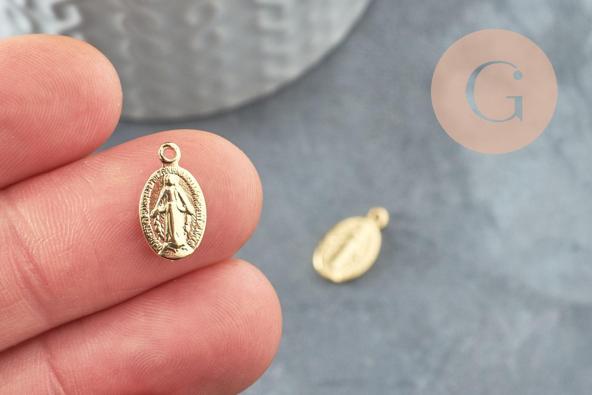Pendentif médaille ovale Vierge Marie or 18K 14mm, pendentif laiton notre dame madonne, x5 (G3705)