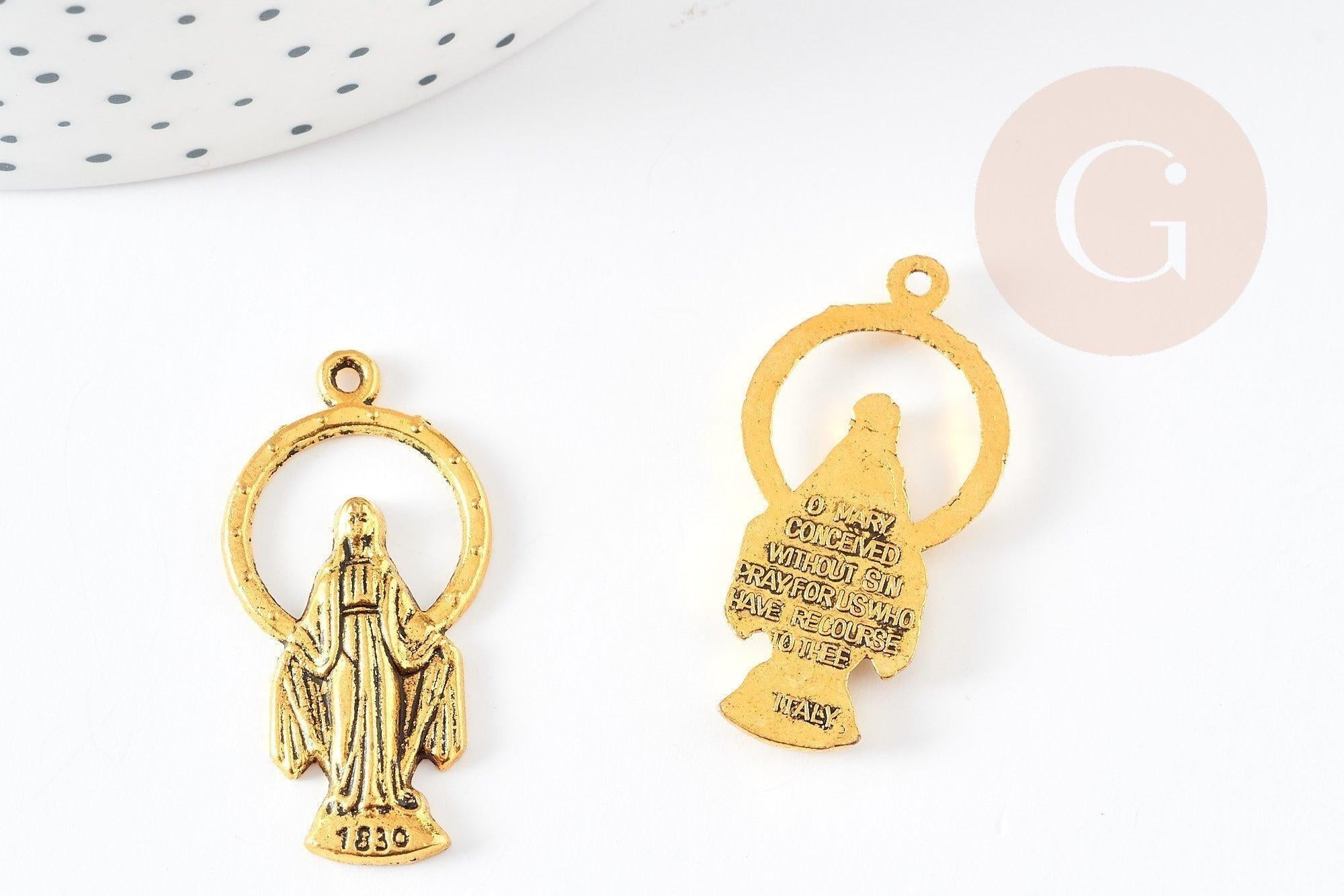 Pendentif médaille ovale Vierge Marie zamac doré 36mm, x1 (G1245)