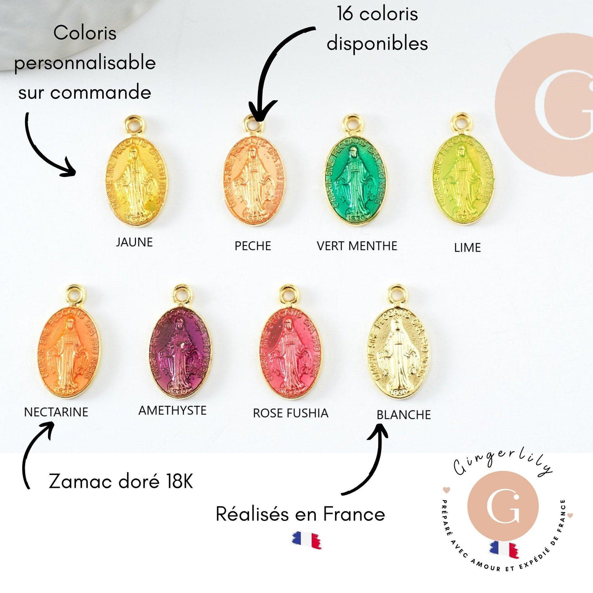 Pendentif médaille ovale Vierge Marie émaillée 17.5mm x1 AVEC DEFAUT (G8839-D)