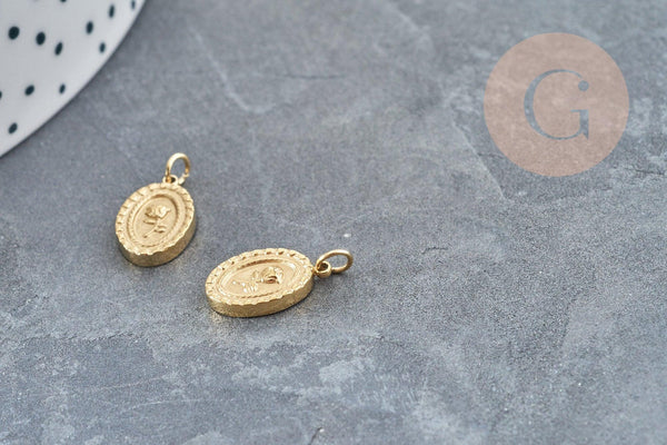 Pendentif médaille ovale acier doré fleur rose 13.5mm, x1 (G4697)