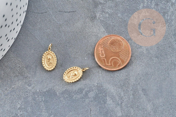 Pendentif médaille ovale acier doré fleur rose 13.5mm, x1 (G4697)