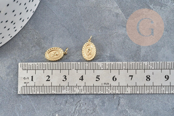 Pendentif médaille ovale acier doré fleur rose 13.5mm, x1 (G4697)