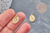 Pendentif médaille ovale acier doré fleur rose 13.5mm, x1 (G4697)