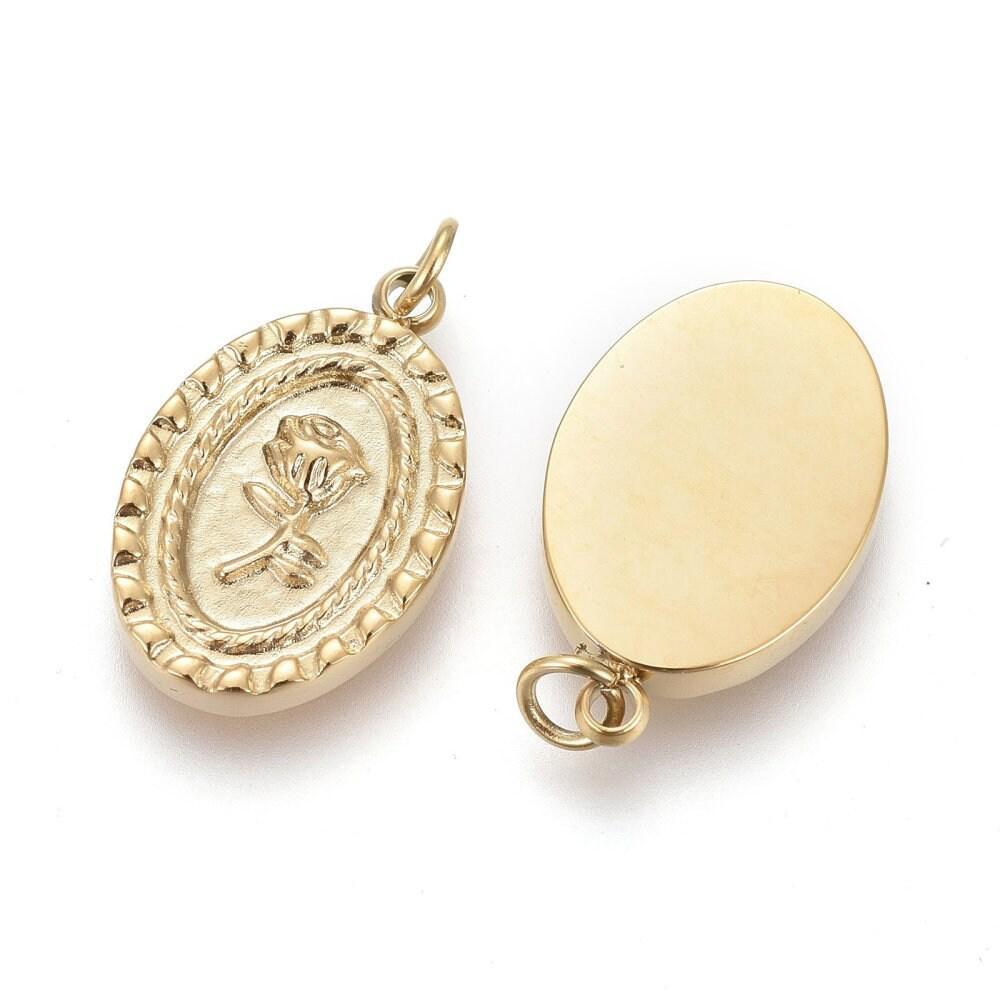 Pendentif médaille ovale acier doré fleur rose 13.5mm, x1 (G4697)