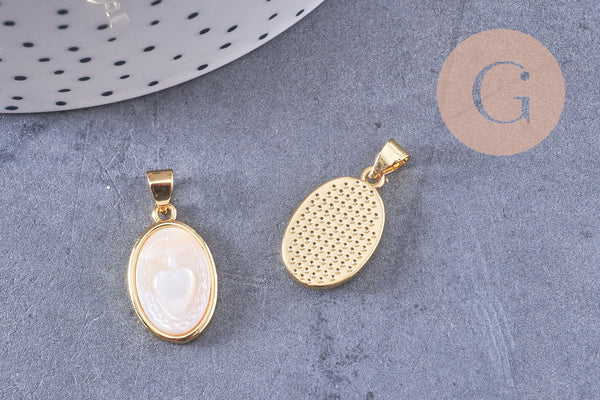 Pendentif médaille ovale coeur sacré ex-voto nacre naturelle laiton doré 20mm, x1 (G10624)