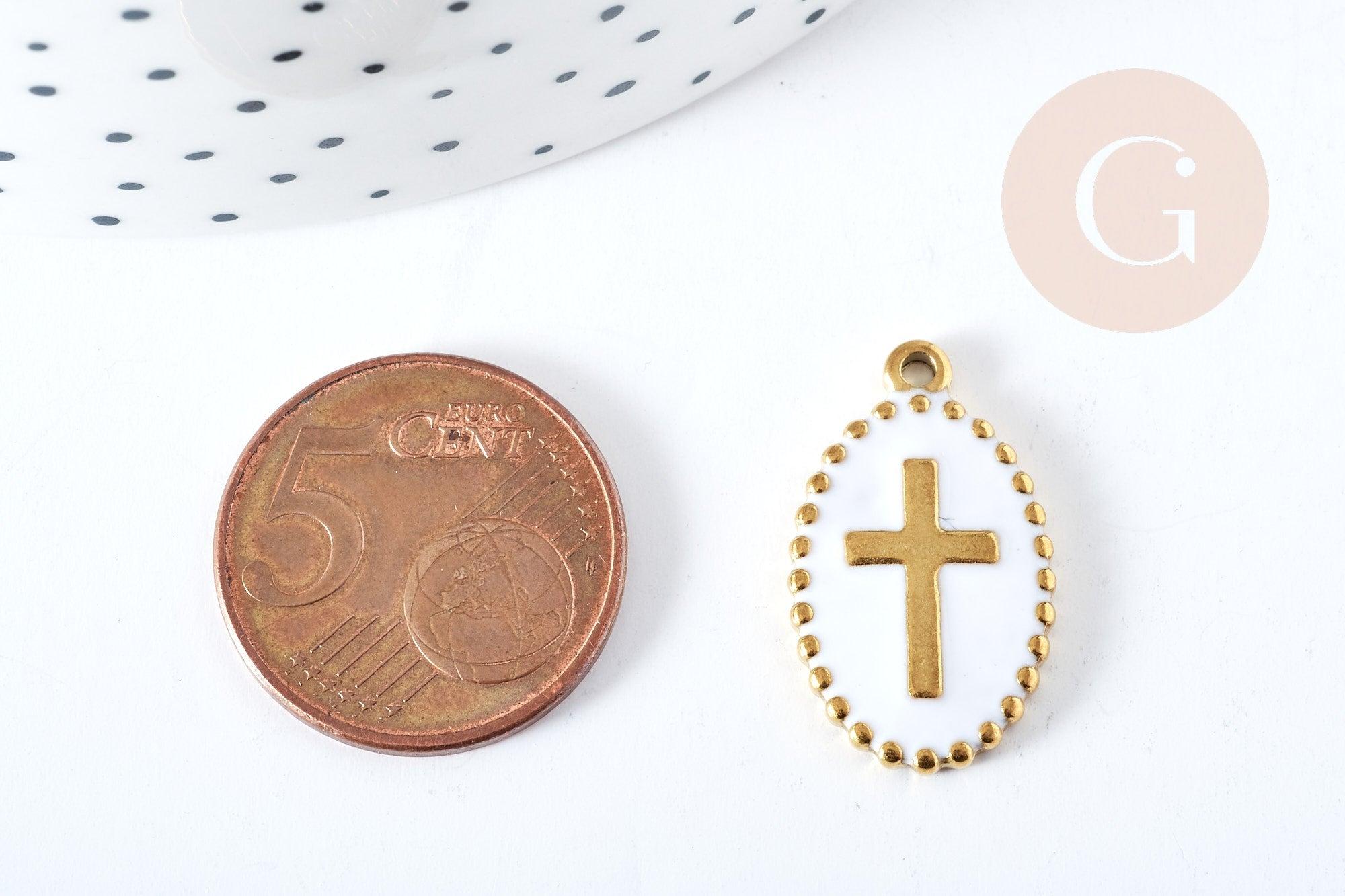 Pendentif médaille ovale croix émaillée acier 304 doré 18K inoxydable 23mm, x1 (G8717)