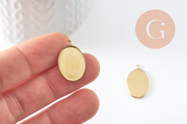 Pendentif médaille ovale support cabochon 18x13mm acier 304 inoxydable doré IP, x2 (G9815)
