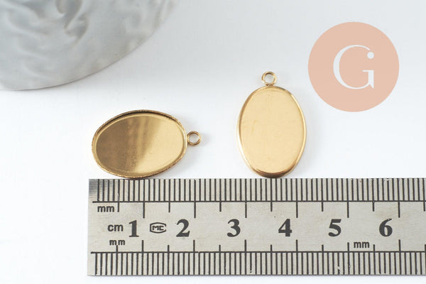 Pendentif médaille ovale support cabochon 18x13mm acier 304 inoxydable doré IP, x2 (G9815)