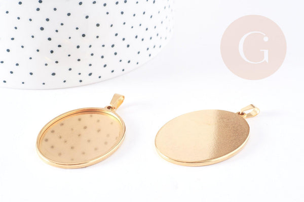 Pendentif médaille ovale support cabochon acier 304 inoxydable doré 45mm, x1 (G3449)