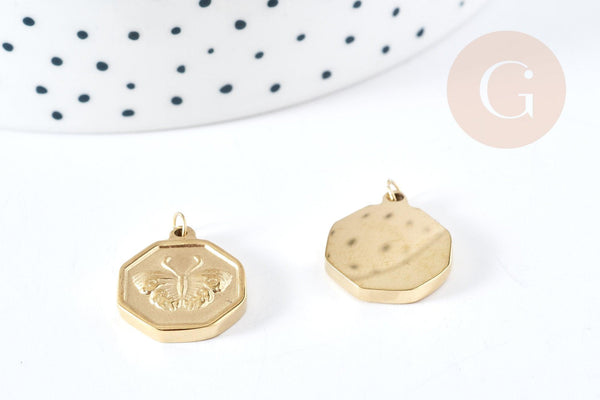 Pendentif médaille papillon acier 316L inoxydable doré 18mm, x1 (G8735)