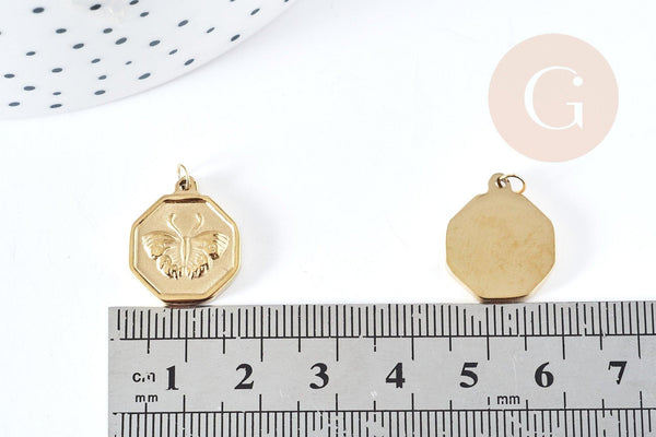Pendentif médaille papillon acier 316L inoxydable doré 18mm, x1 (G8735)