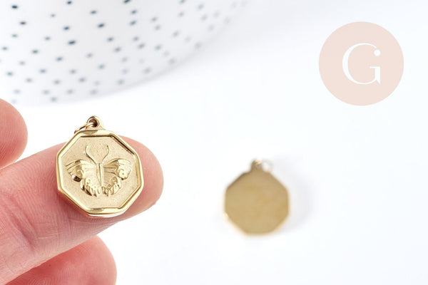 Pendentif médaille papillon acier 316L inoxydable doré 18mm, x1 (G8735)