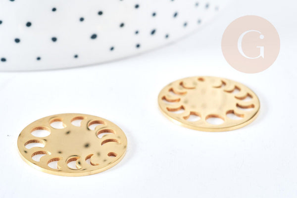 Pendentif médaille phases Lune ajouré acier 201 inoxydable doré 23mm, x1 (G8720)