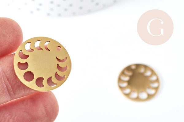 Pendentif médaille phases Lune ajouré acier 201 inoxydable doré 23mm, x1 (G8720)