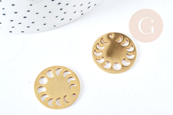Pendentif médaille phases Lune ajouré acier 201 inoxydable doré 23mm, x1 (G8720)