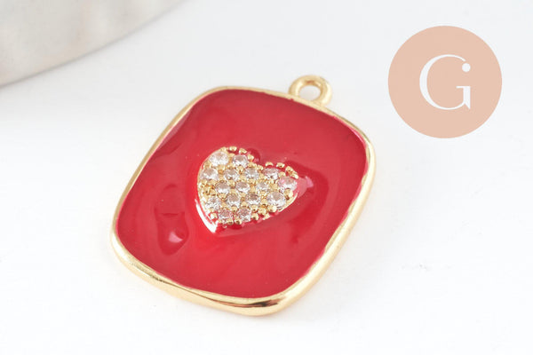 Pendentif médaille rectangle coeur émail laiton doré zircon,21.5mm, x1 (G5242)