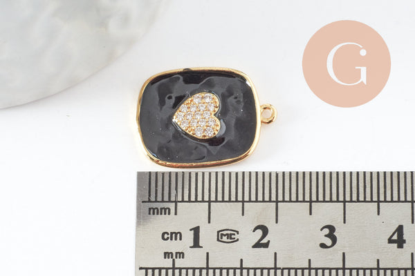 Pendentif médaille rectangle coeur émail laiton doré zircon,21.5mm, x1 (G5242)