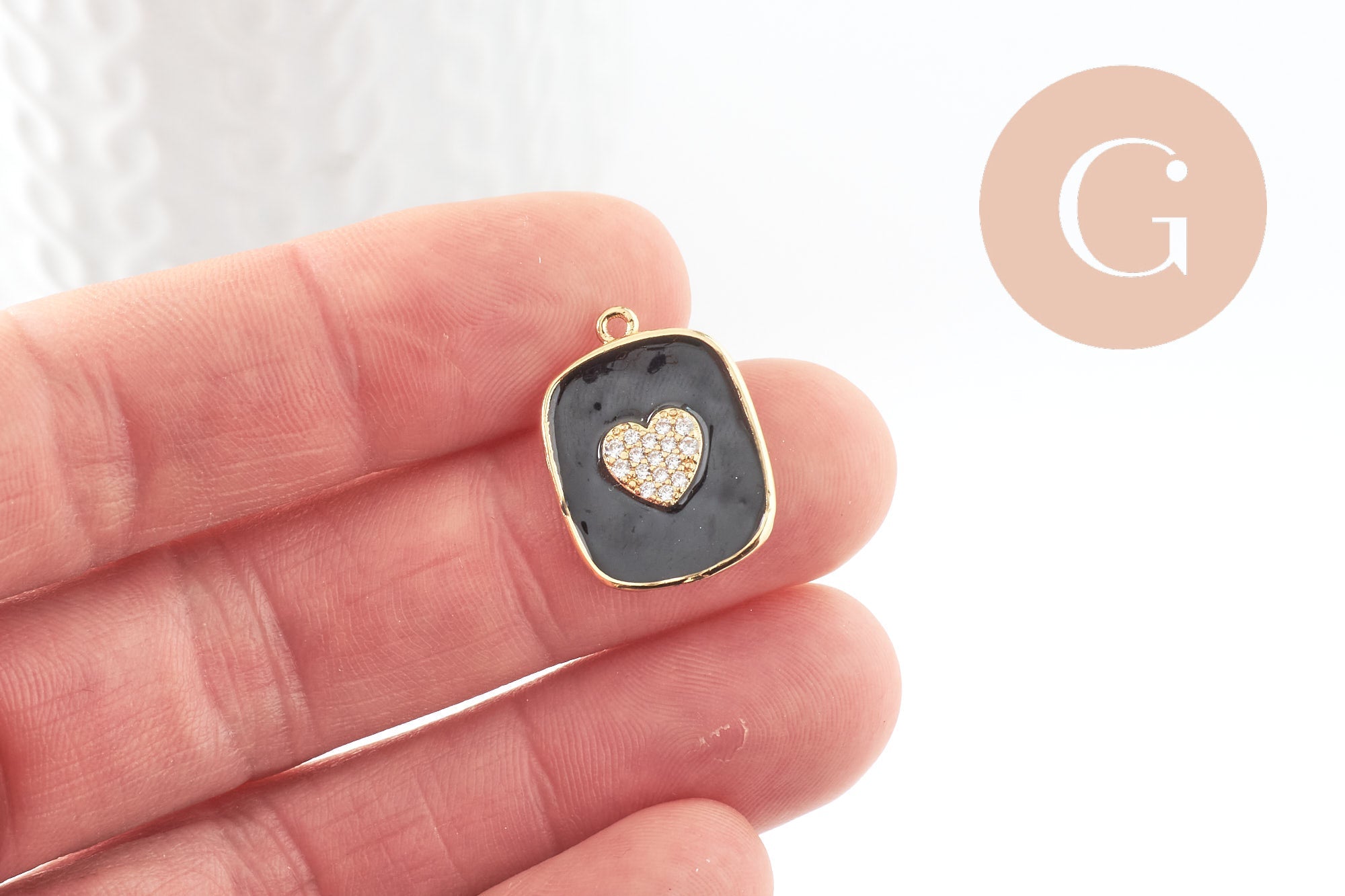Pendentif médaille rectangle coeur émail laiton doré zircon,21.5mm, x1 (G5242)