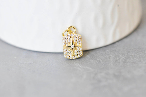 Pendentif médaille rectangle étoile laiton doré zircons, un pendentif doré avec cristaux pour création bijoux,14.5mm, x1 (G3484)