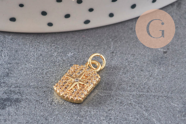 Pendentif médaille rectangle étoile laiton doré zircons, un pendentif doré avec cristaux pour création bijoux,14.5mm, x1 (G3484)