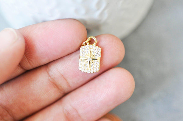 Pendentif médaille rectangle étoile laiton doré zircons, un pendentif doré avec cristaux pour création bijoux,14.5mm, x1 (G3484)