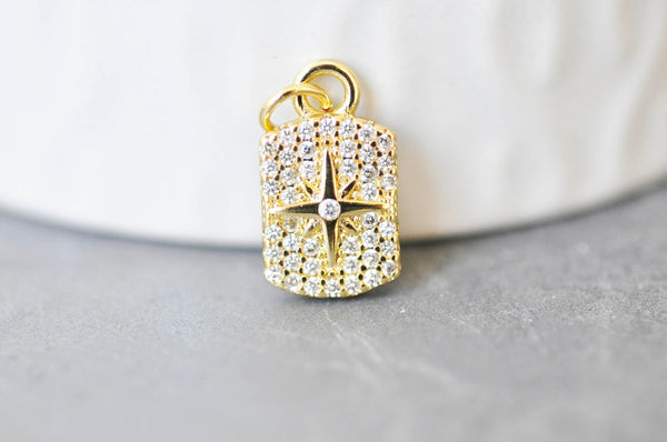 Pendentif médaille rectangle étoile laiton doré zircons, un pendentif doré avec cristaux pour création bijoux,14.5mm, x1 (G3484)