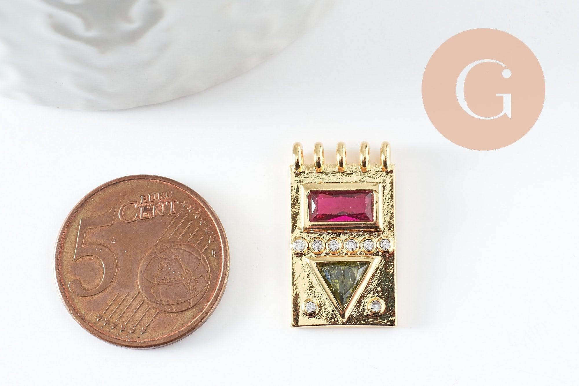 Pendentif médaille rectangle laiton doré zircon coloré, un pendentif doré avec cristaux pour création bijoux,14.5mm, x1 G3779