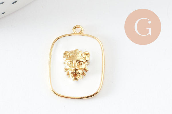 Pendentif médaille rectangle lion émail laiton doré 21.5mm, création bijoux animal x1 G9550