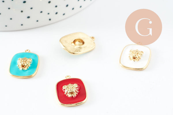 Pendentif médaille rectangle lion émail laiton doré 21.5mm, création bijoux animal x1 G9550