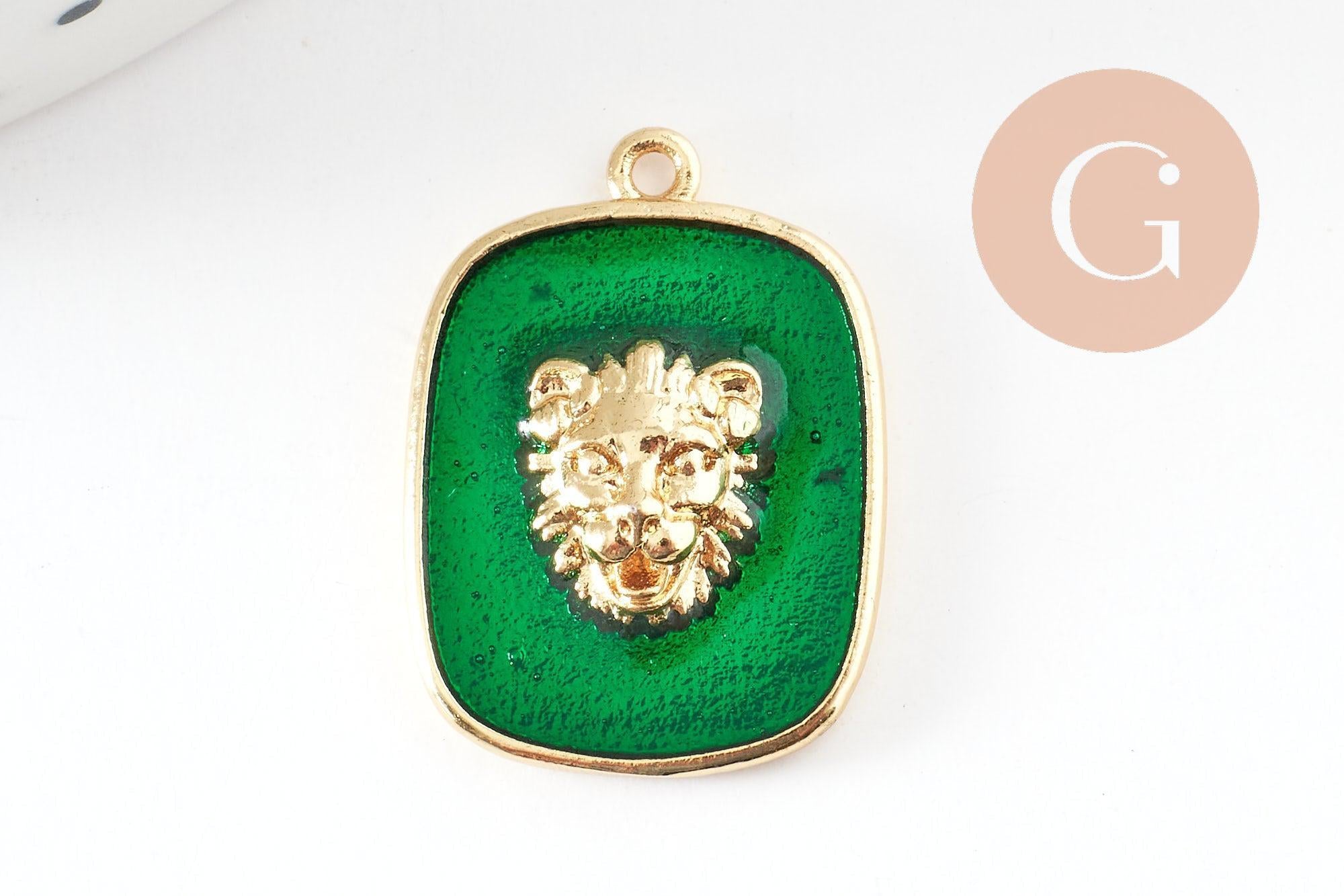 Pendentif médaille rectangle lion émail laiton doré 21.5mm, création bijoux animal x1 G9550
