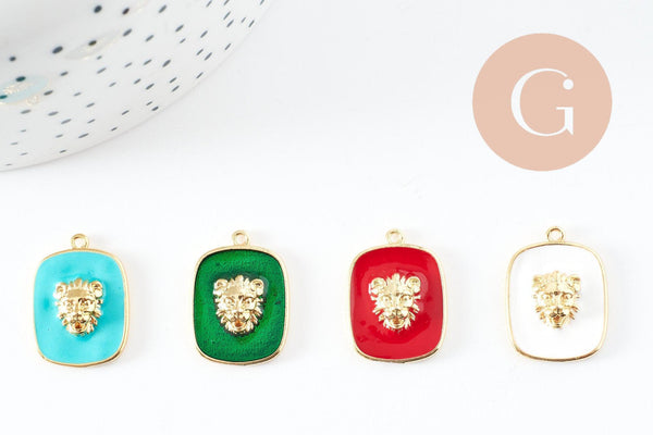 Pendentif médaille rectangle lion émail laiton doré 21.5mm, création bijoux animal x1 G9550